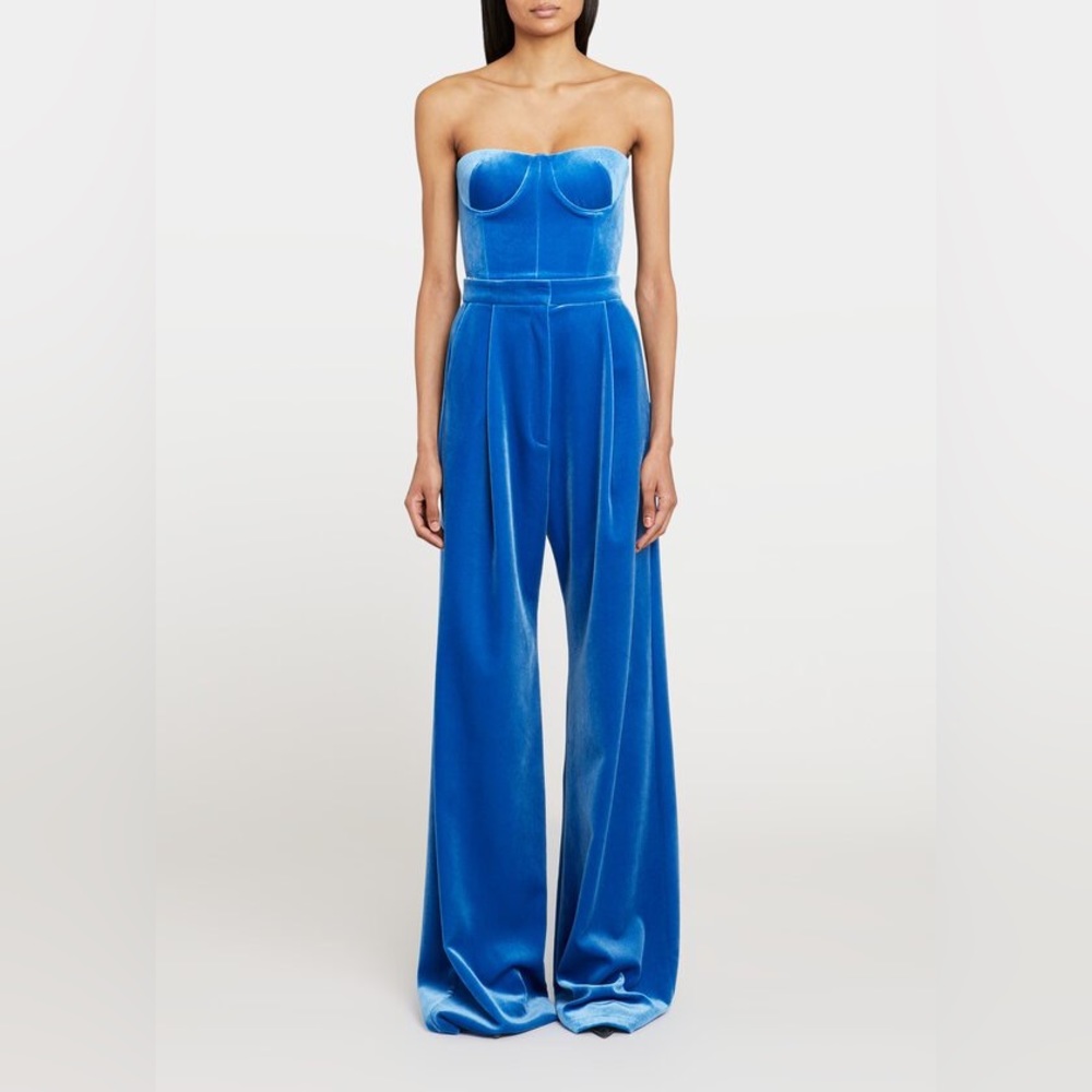 Alex Perry Blue Velvet Bloom Cropped Bustier Top and Wide Leg Arden Pant